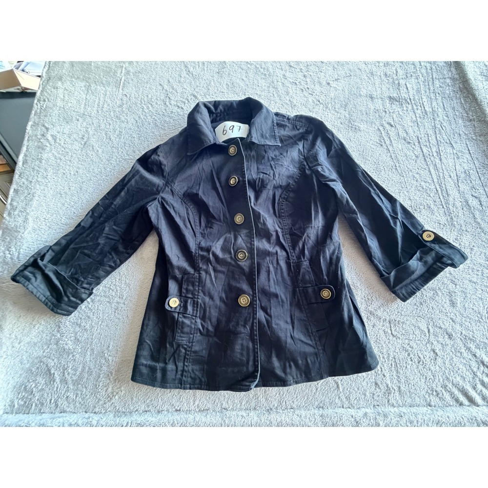 Charter Club Jacket Womens M Black 3/4 Sleeve Gold Button Military